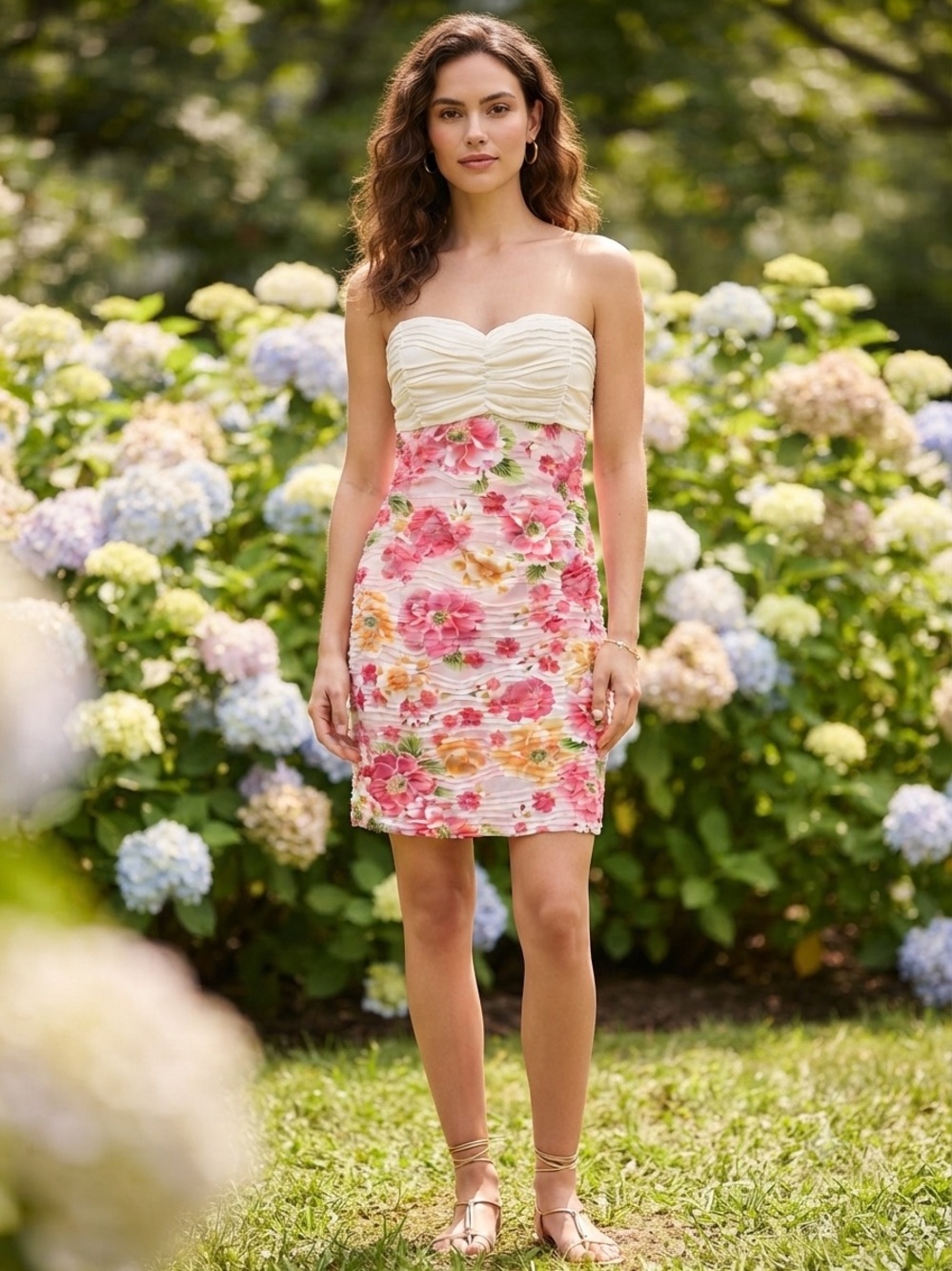 Young Threads Strapless Ruched Floral Mini Dress in Cream and Pink Size Large